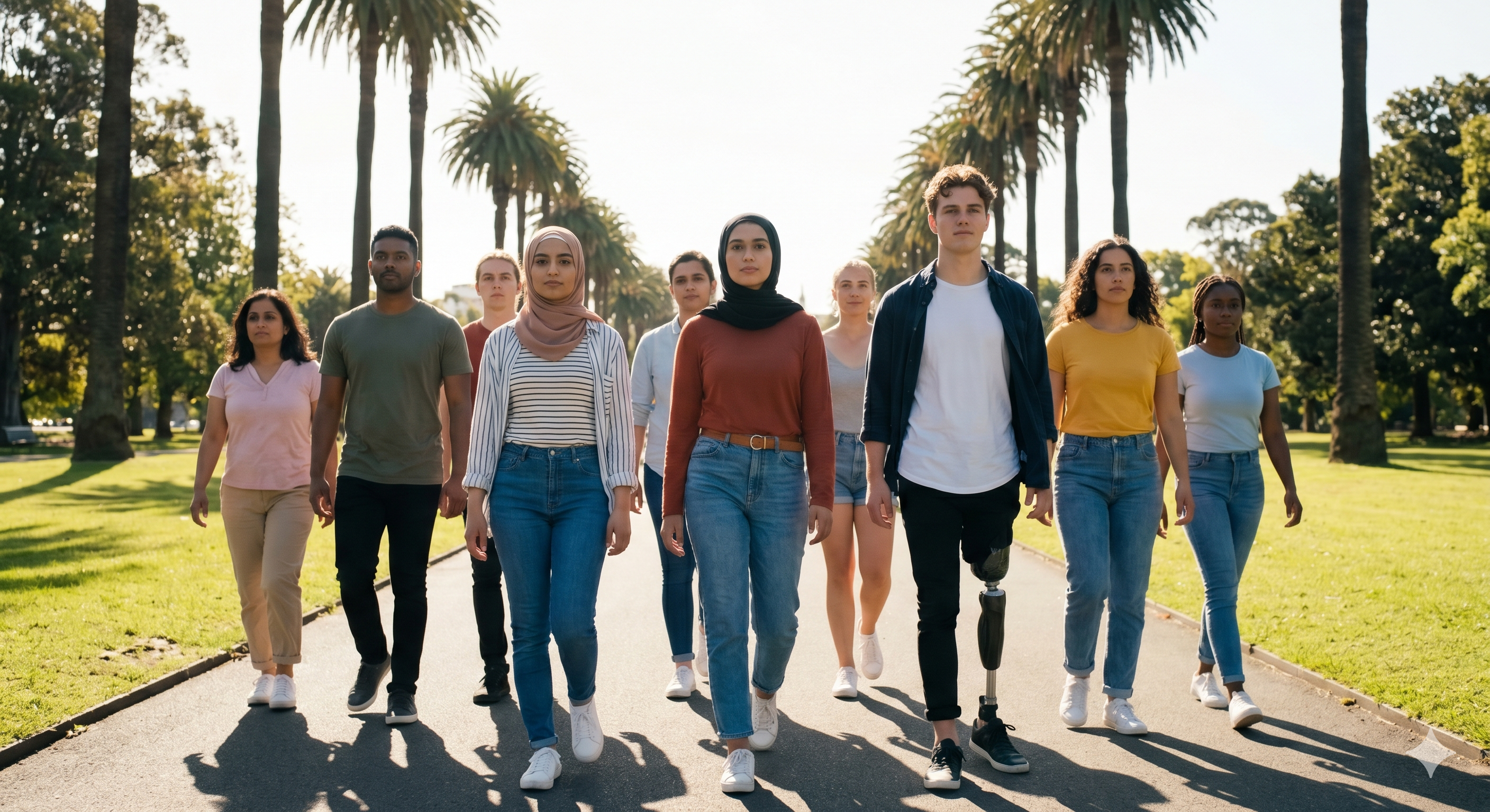 Diverse Melbourne community — NDIS participants and supporters walking together in a Melbourne park, representing inclusion and empowerment